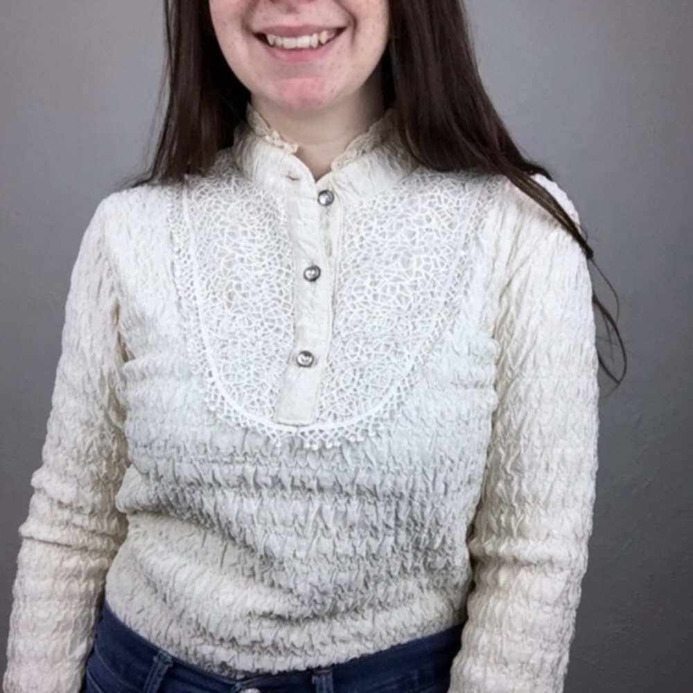 Vintage high neck Victorian lace detail long sleeve blouse cottagecore coquette - Picture 6 of 8